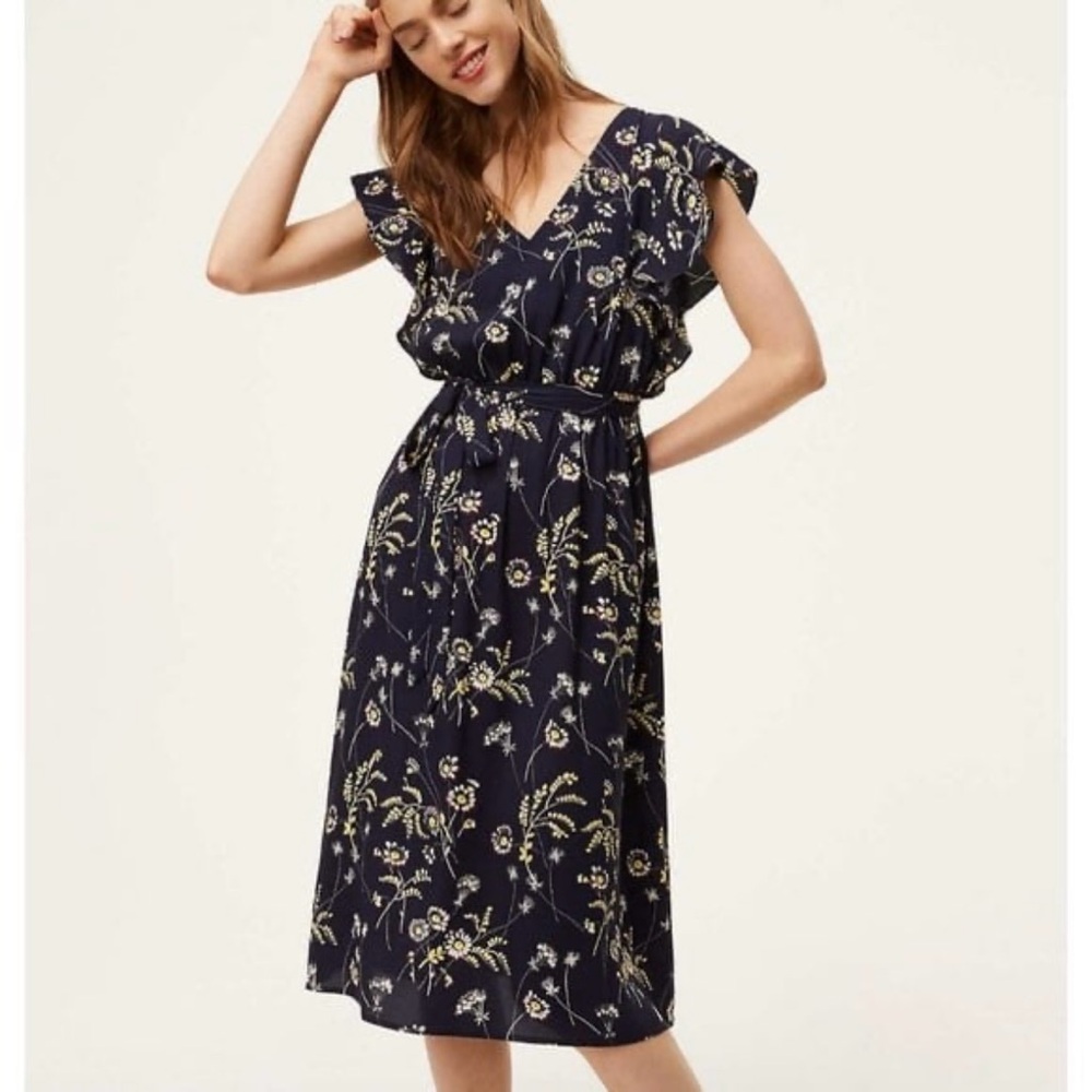 LOFT Floral Flutter Sleeve Midi Dress SP